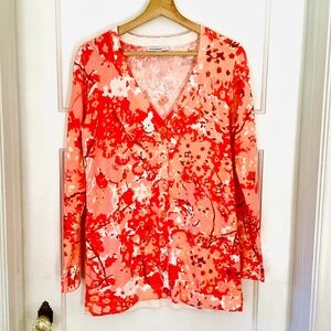 Isaac Mizrahi Live Floral Coral Pink Orange Print 100% cotton Cardigan size S
